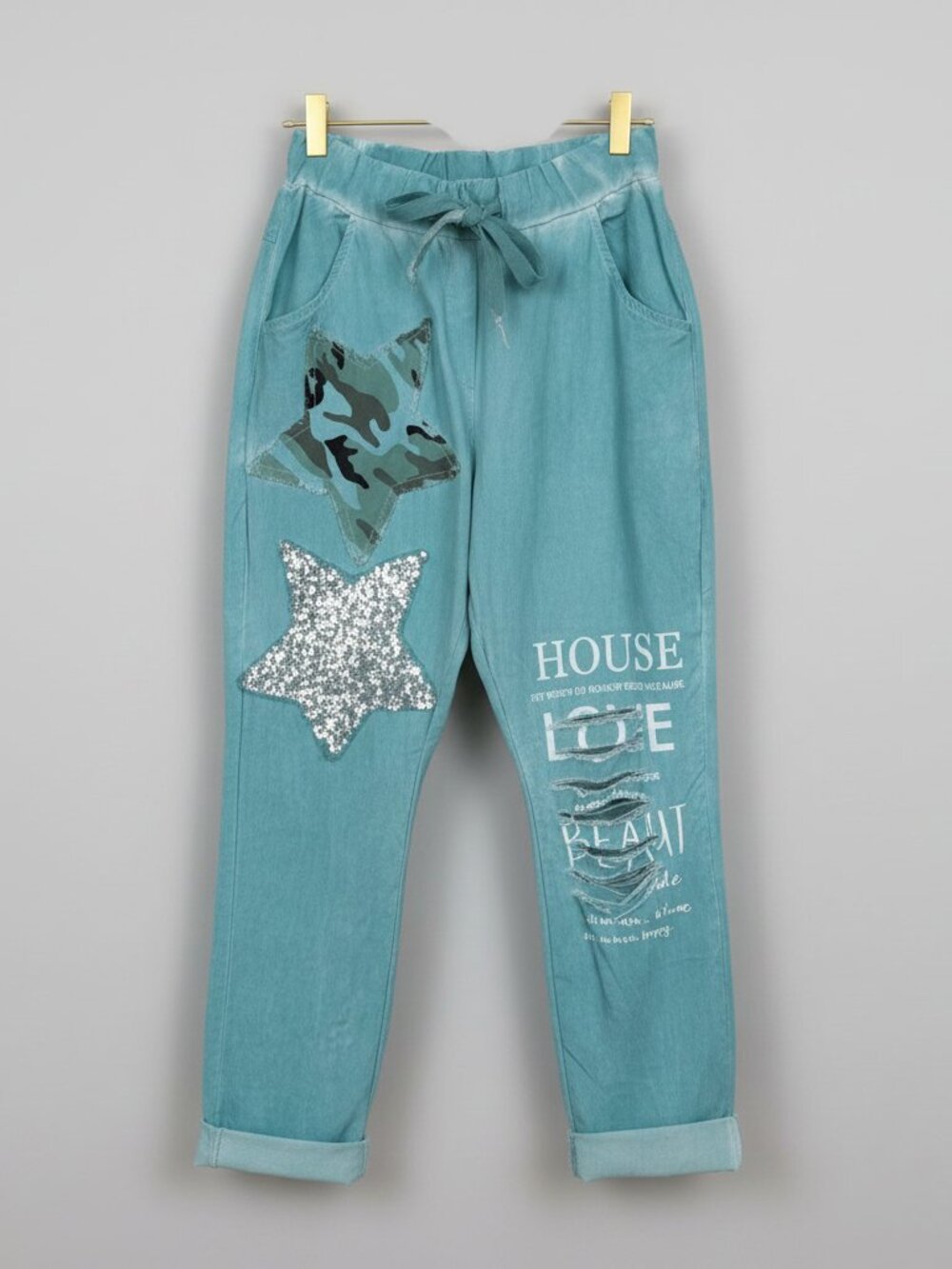 GIGI Moda Embellished Turquoise Joggers One Size Women's Rhinestone Lounge Pants